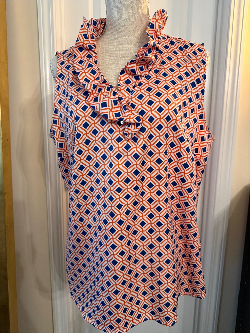 Talbots Blue and Orange Geometric Print Top